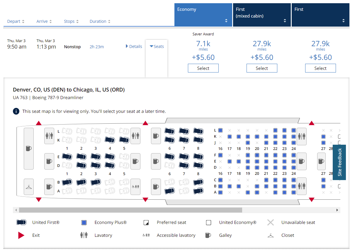 seat map on United 787-9