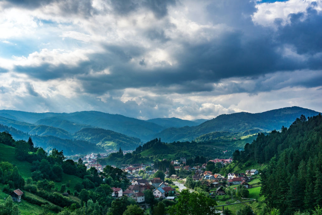 view of mountains and town in Transylvania.