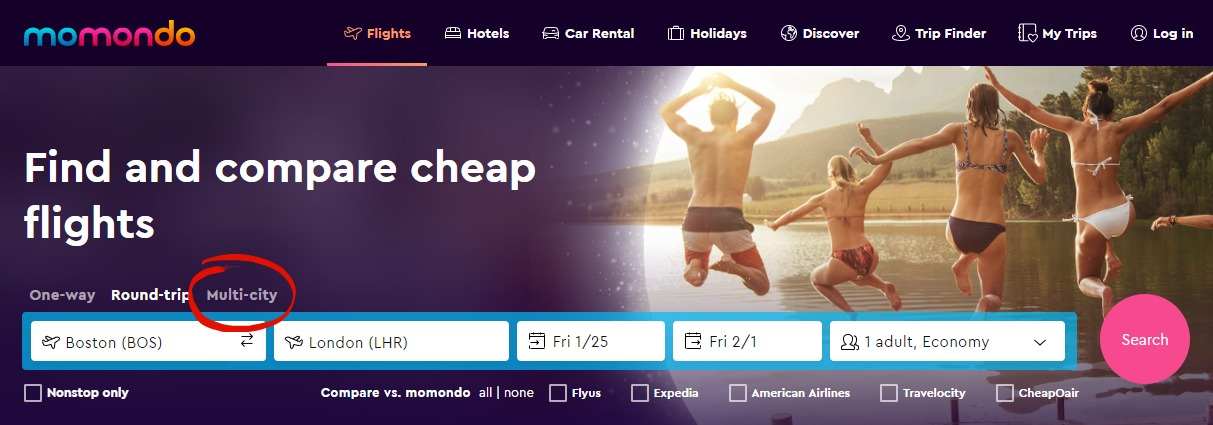searching for multi-city flights on momondo
