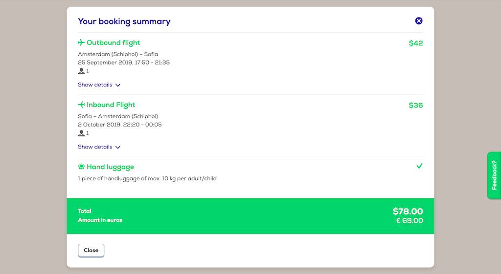 screenshot of booking Transavia flight.