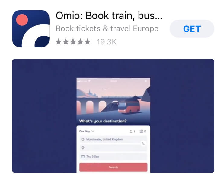 screenshot of Omio app.