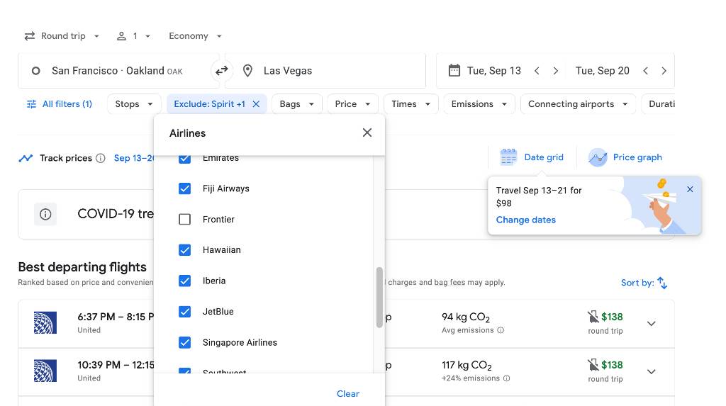filtering Las Vegas flight options on Google Flights.