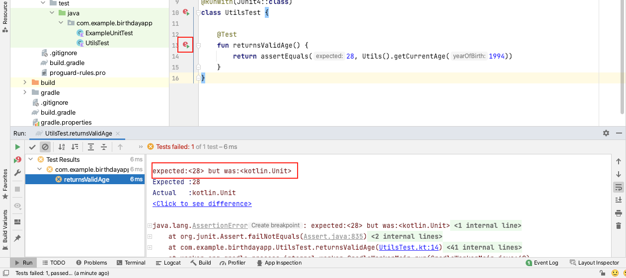 android studio test fail