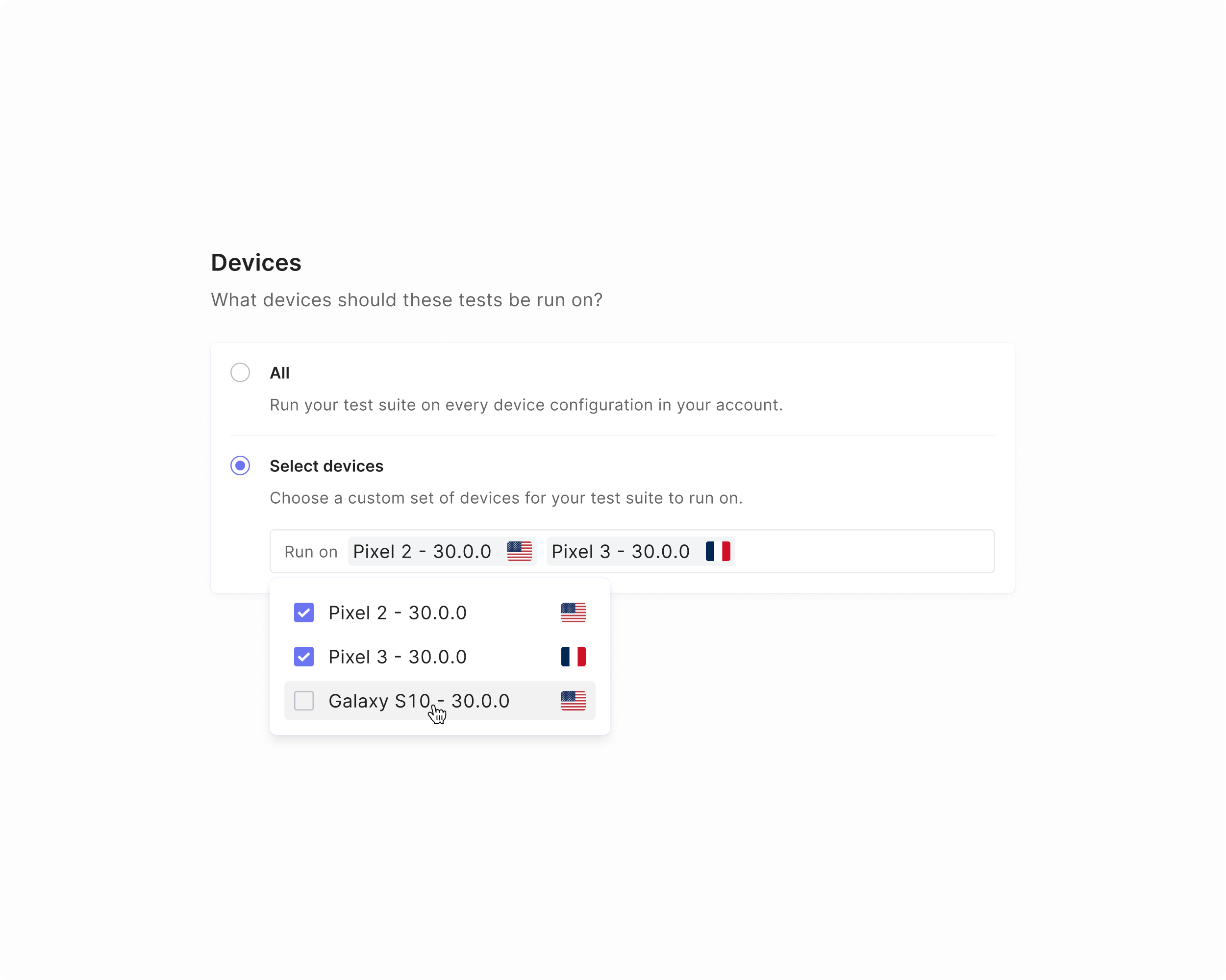 selecting android devices to test in Waldo