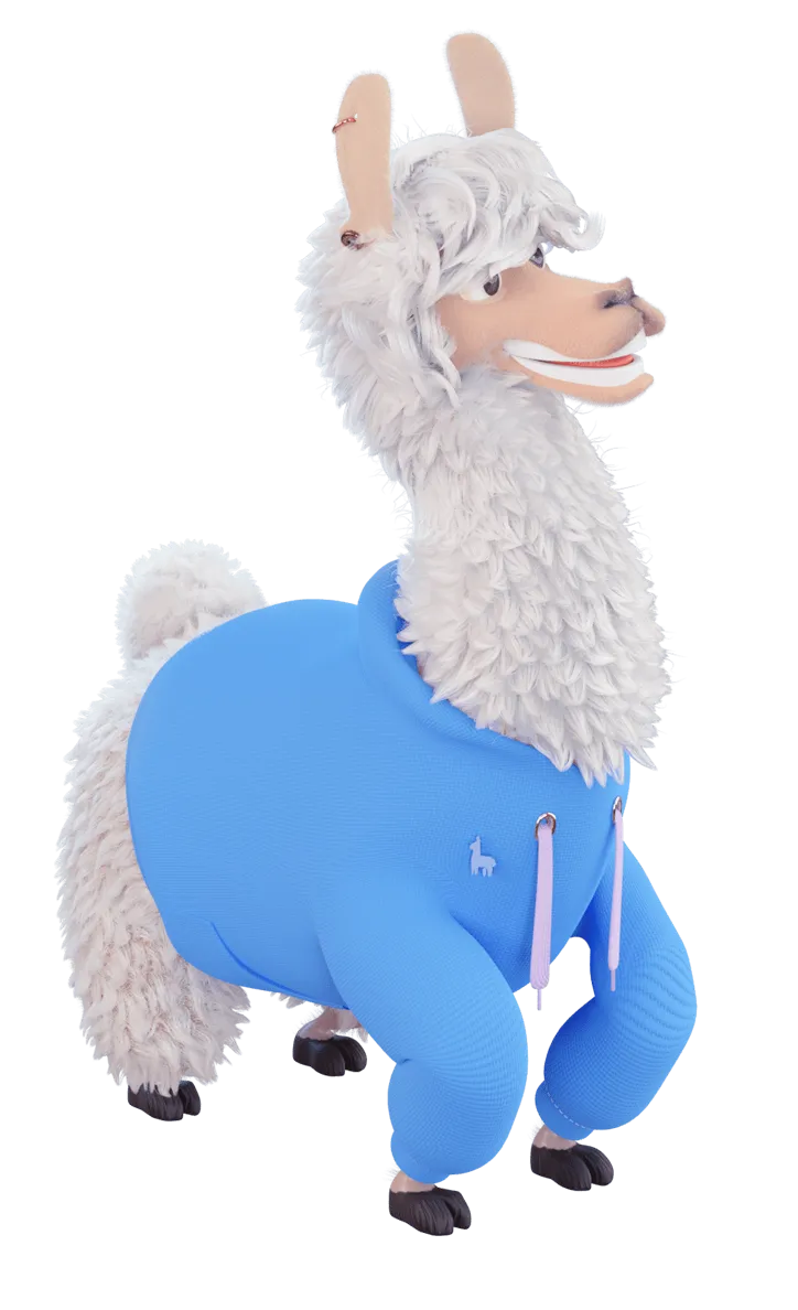 llama in a sweatshirt smiling