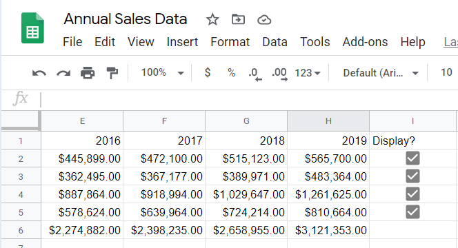 Checkboxes added at the end of the spreadsheet