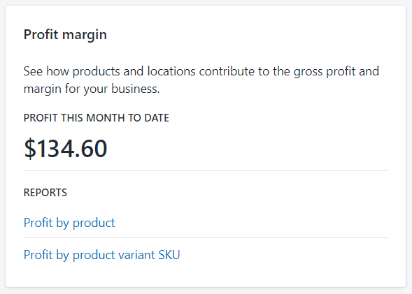 Profit margin section under Analytics for Shopify