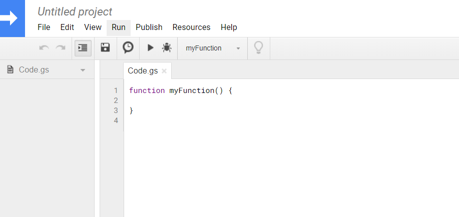 Google script editor. Untitled project. Code.gs. Default blank code loaded