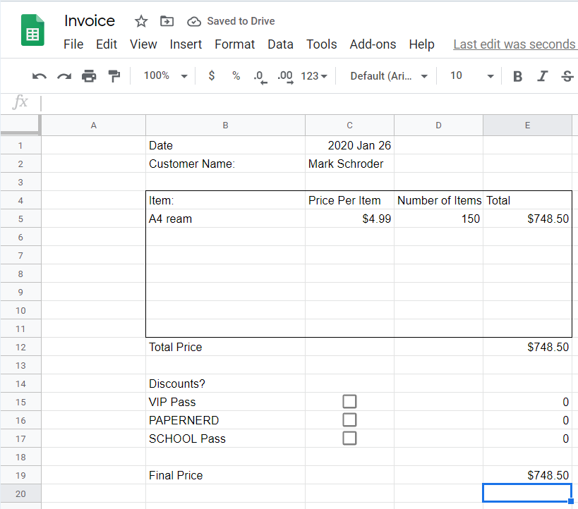 Invoice spreadsheet with checkboxes