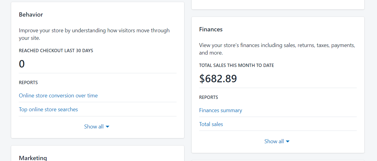 Shopify Behavior and Finances boxes