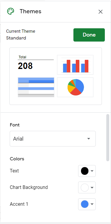 Themes sidebar. Customize enabled. List of options shown. If you are finished, click Done.