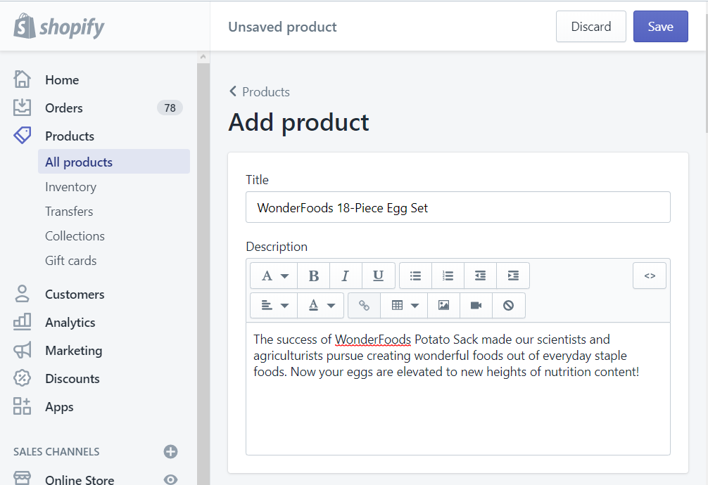 Add product page: title and description boxes.