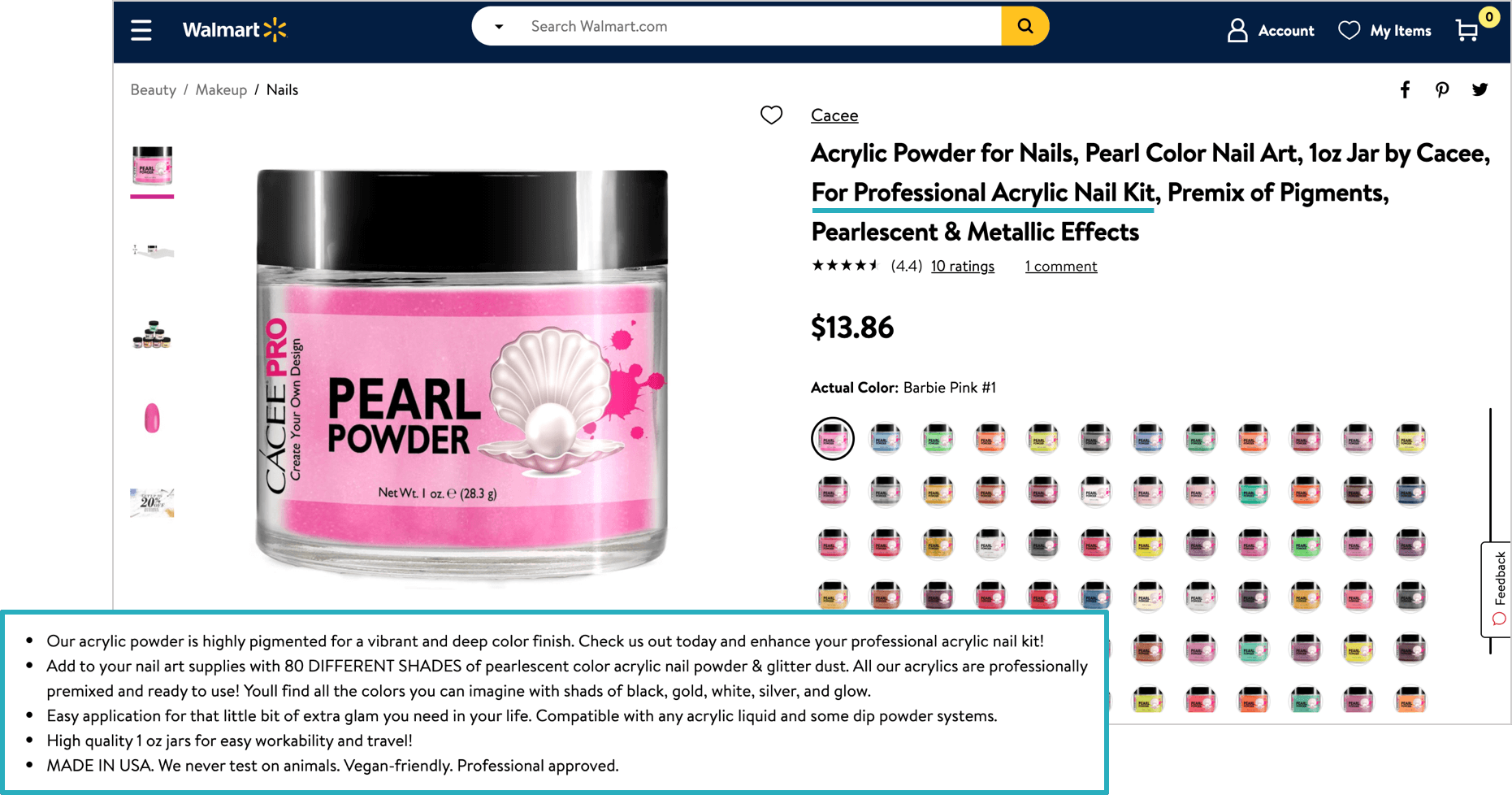 screenshot of cacee's walmart listing