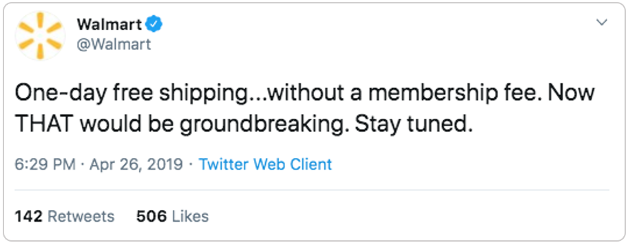 Walmart's tweet on one-day free shipping