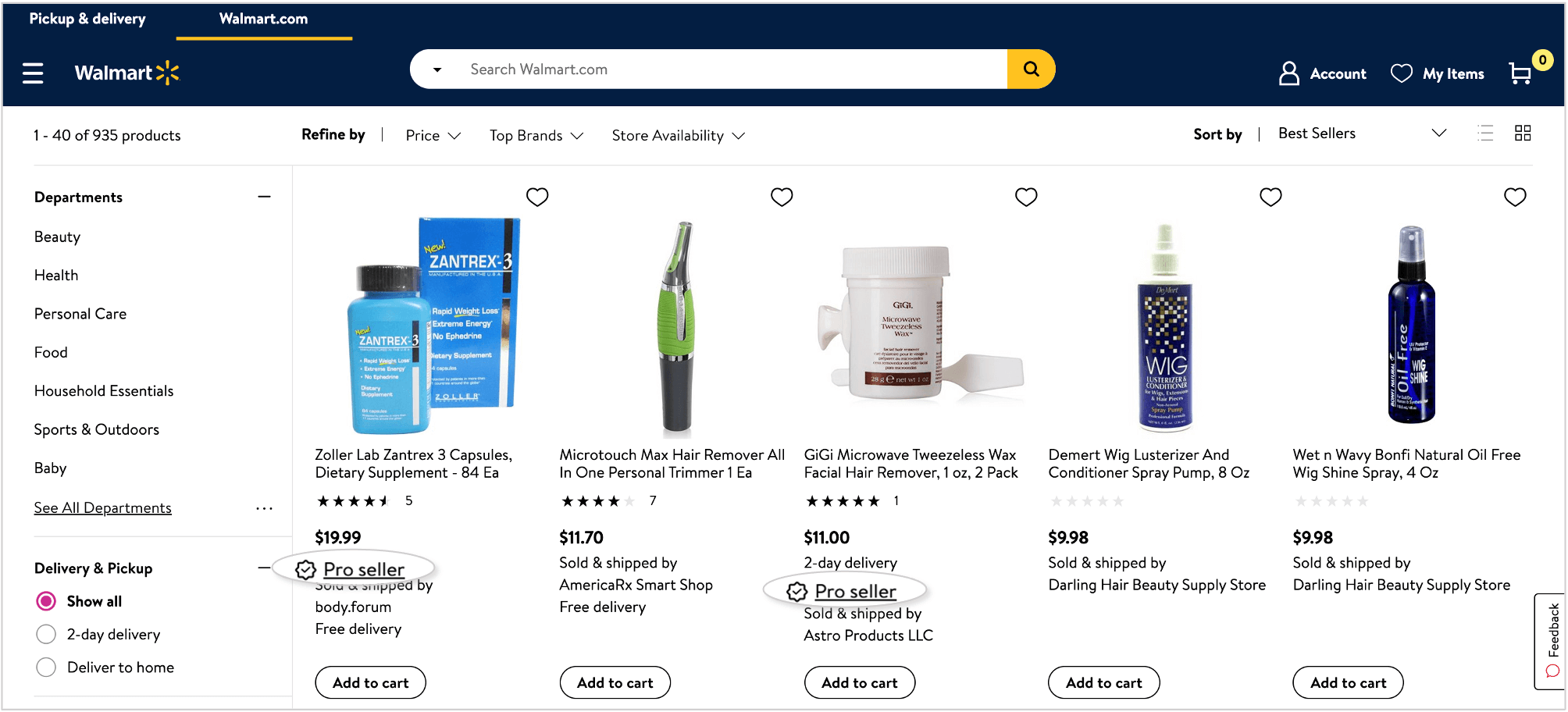 screenshot of walmart pro seller badges