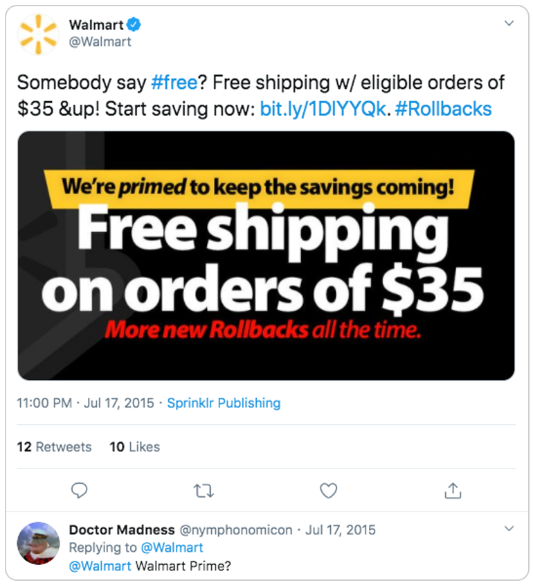 Walmart's tweet about free shipping in 2015