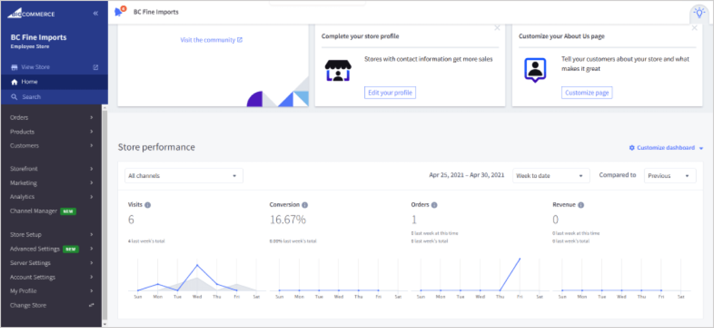 screenshot of bigcommerce dashboard