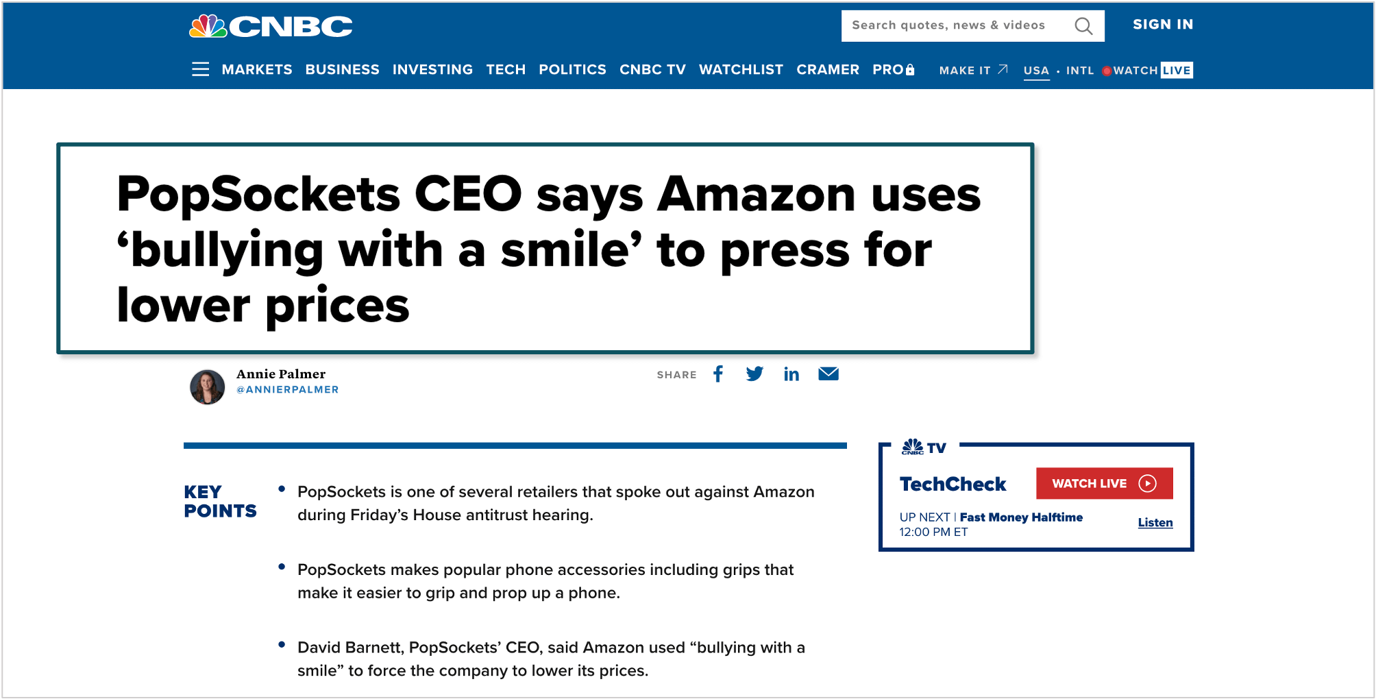 screenshot of headline about popsockets and amazon
