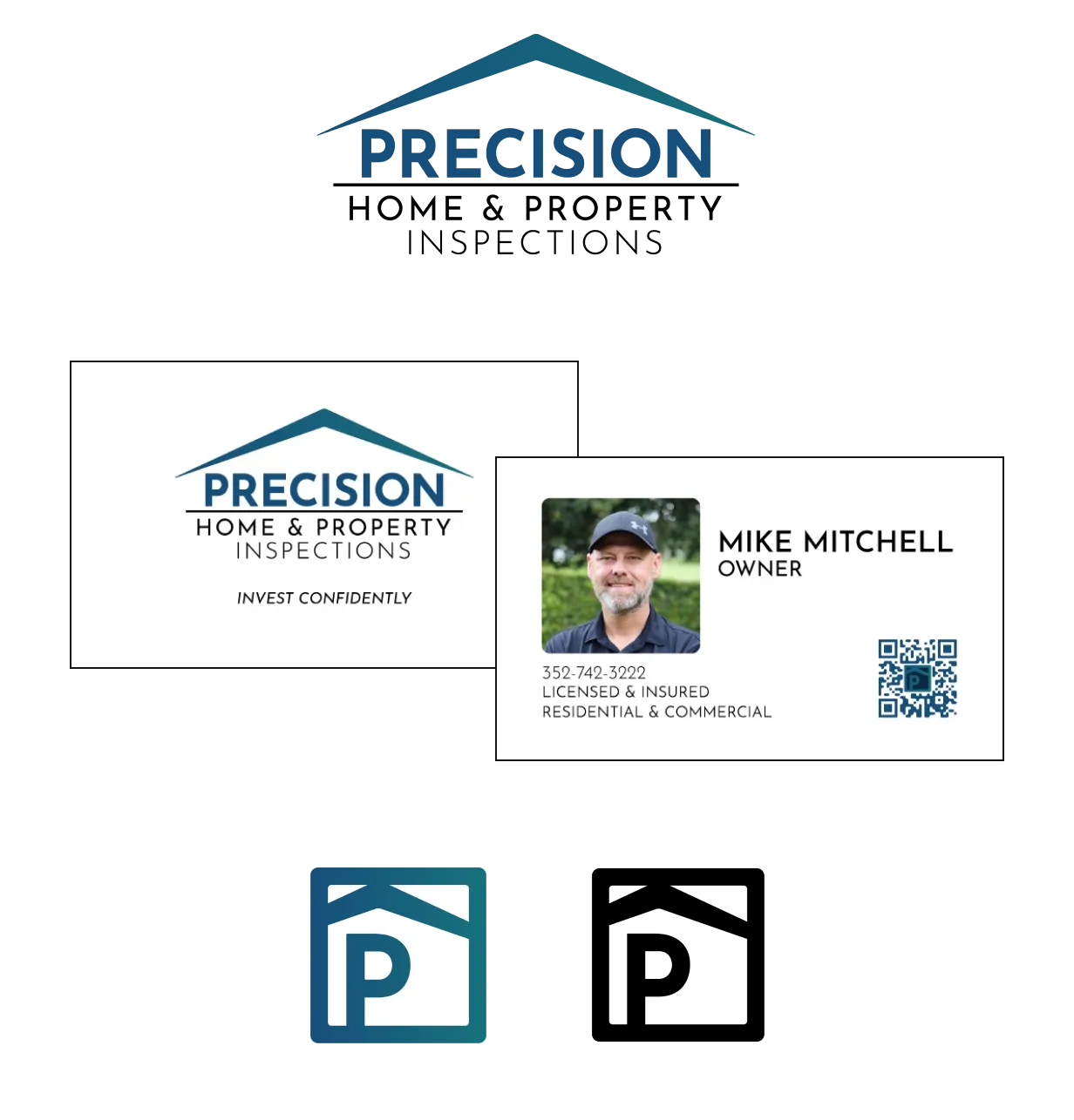 Logos and business cards for Precision Home & Property Inspections.