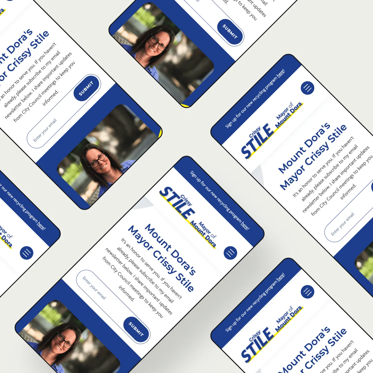 Mobile mockups of the Crissy Stile for Mount Dora Mayor home page.