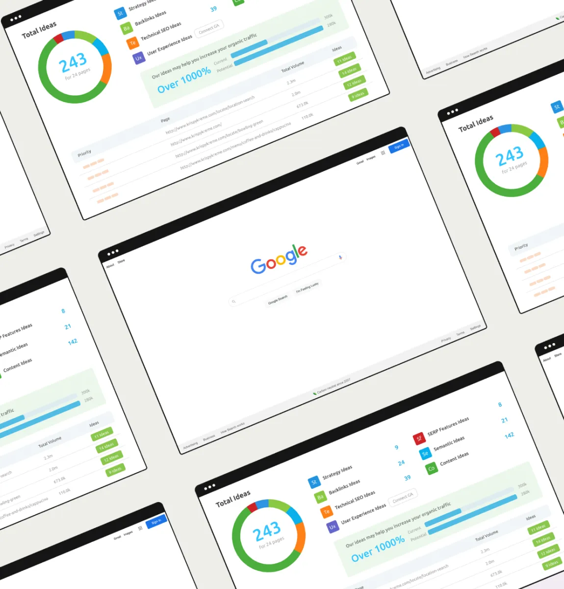 Screenshots of the Google home page and an SEO dashboard for a website.