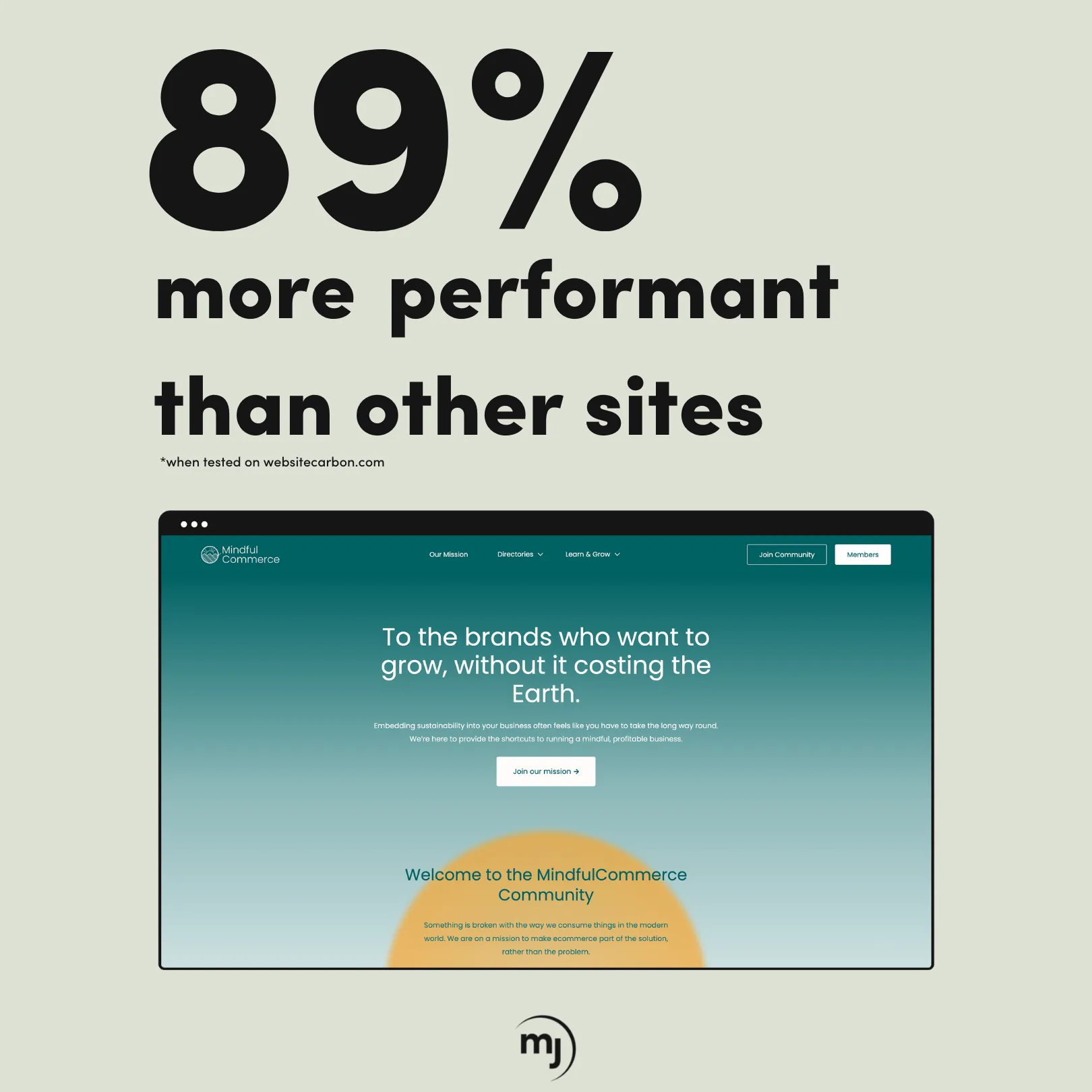 Screenshot of the MindfulCommerce home page with text that reads "89% more performant than other sites".