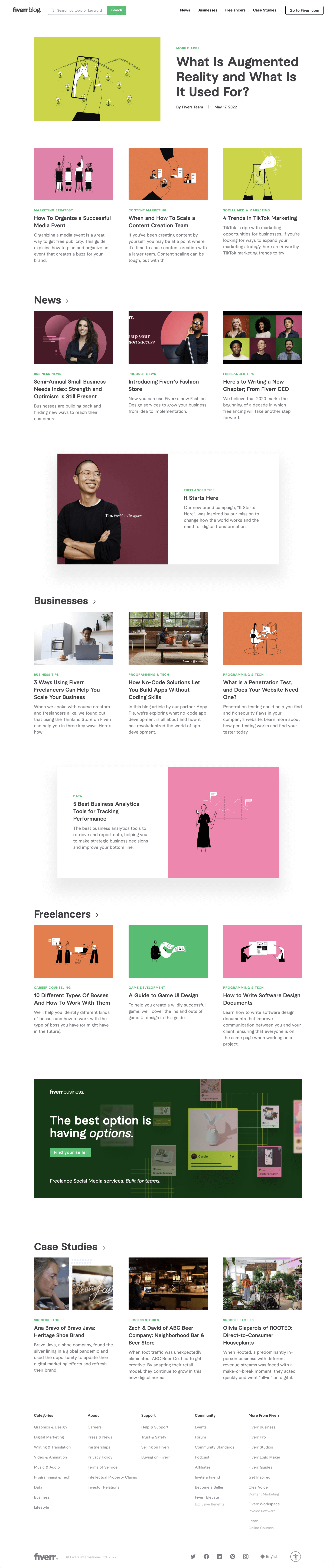 Fiverr blog website design. Developed in Webflow by Finerfox Media.