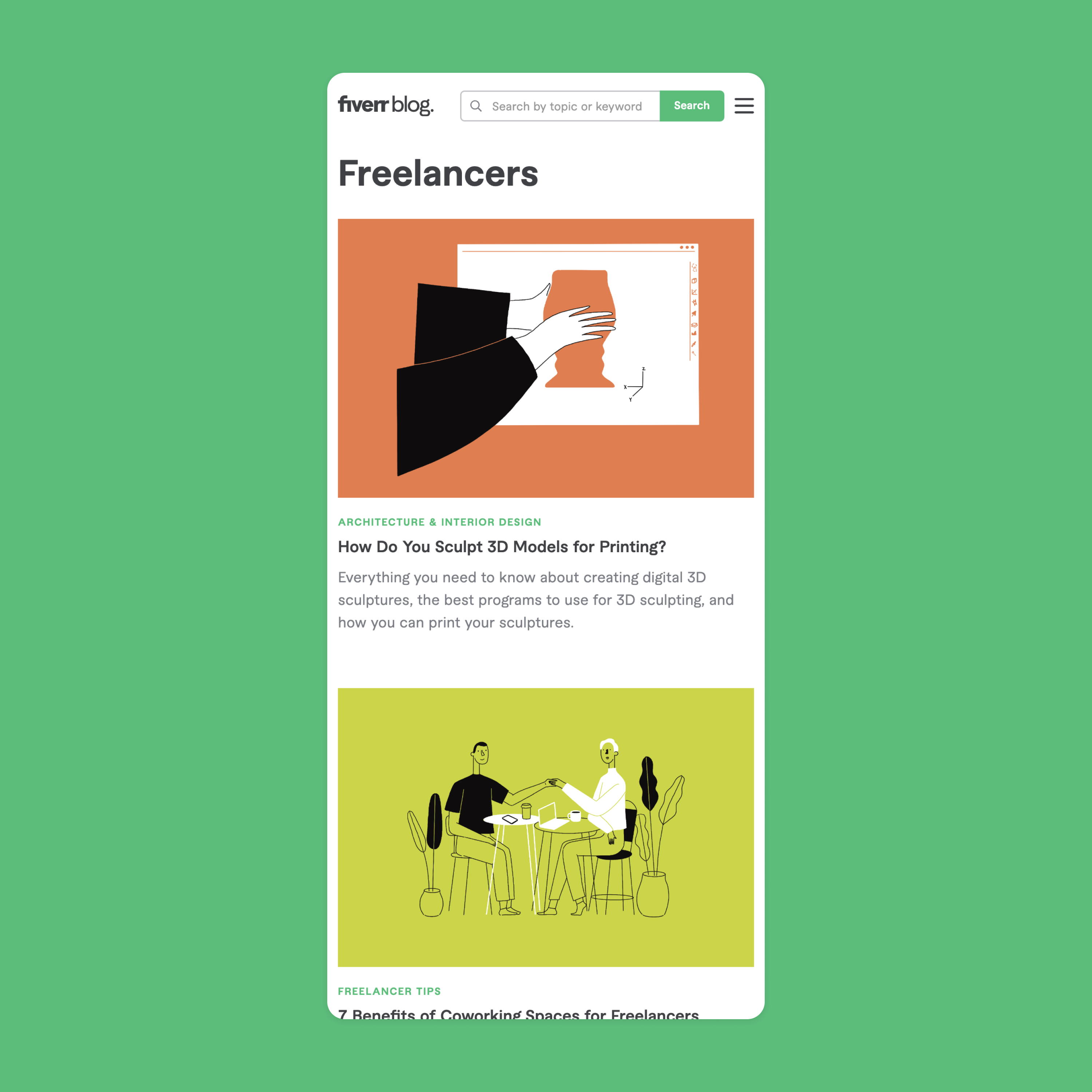 Fiverr blog website mobile design. Developed in Webflow by Finerfox Media.