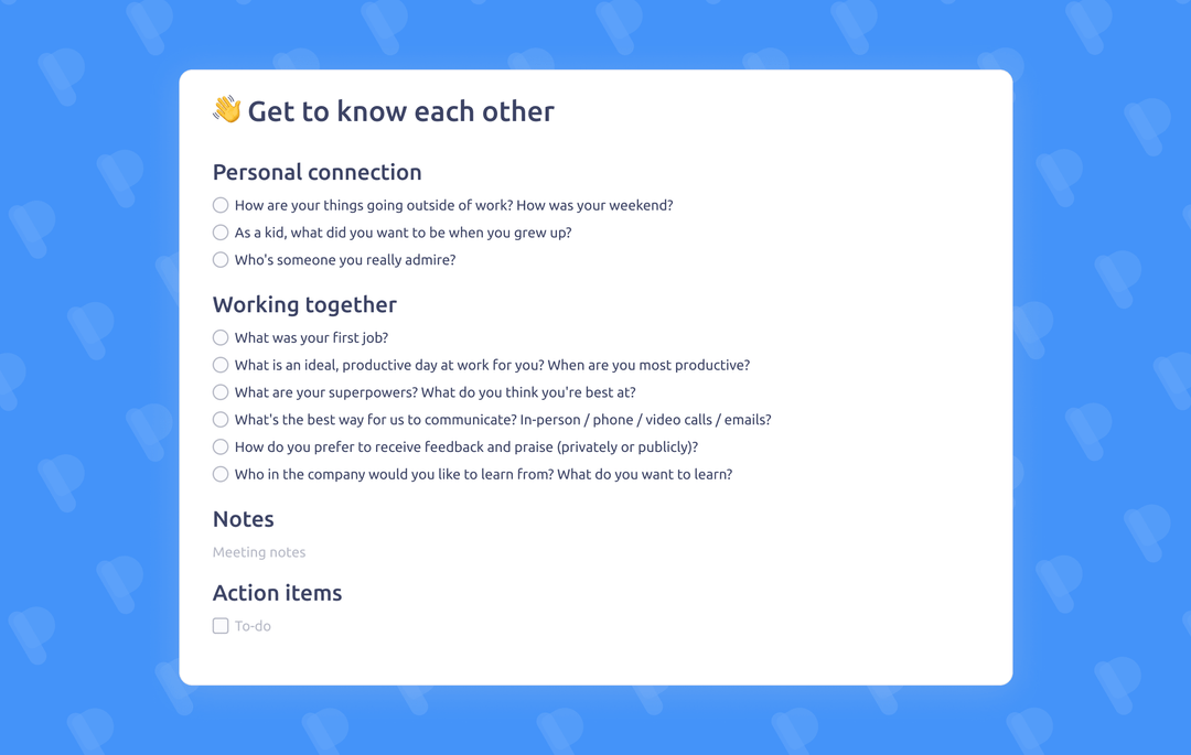 Get to know each other OneonOne meeting template