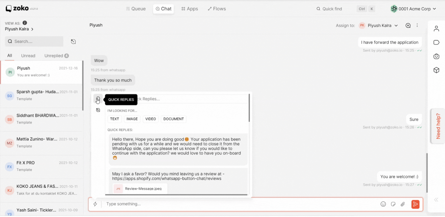 list of Quick Replies