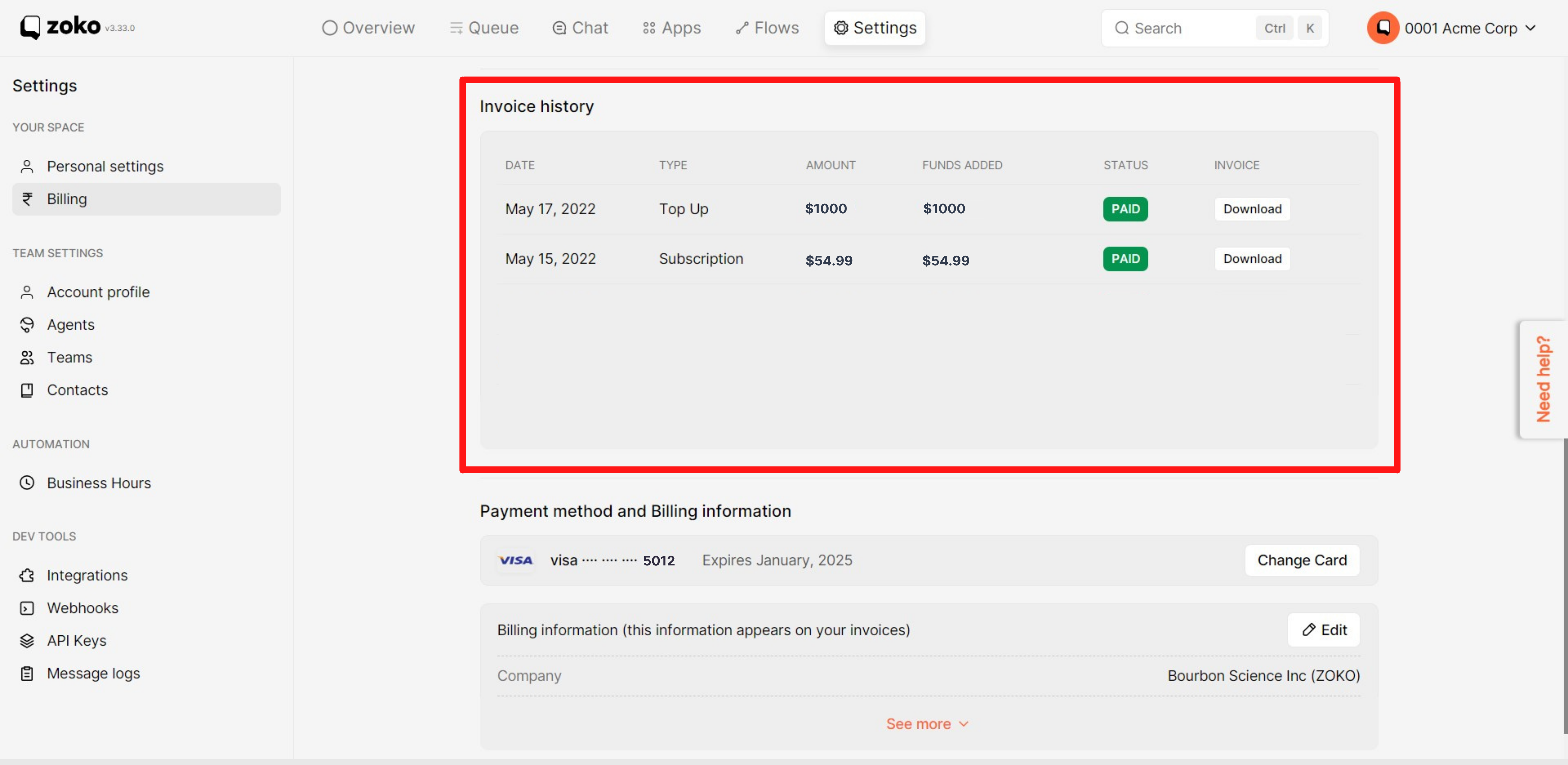 Invoice history
