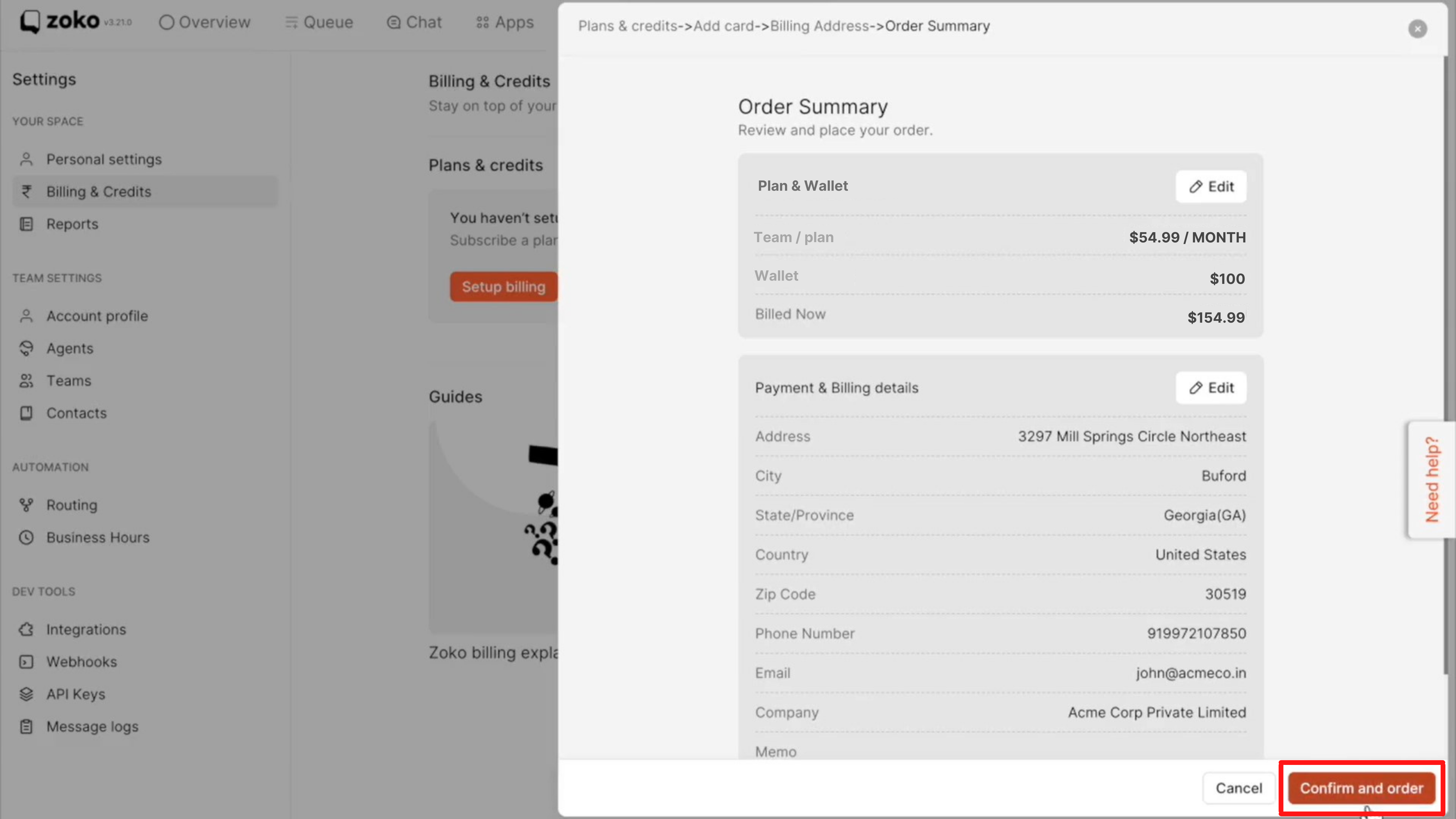 Confirm and order