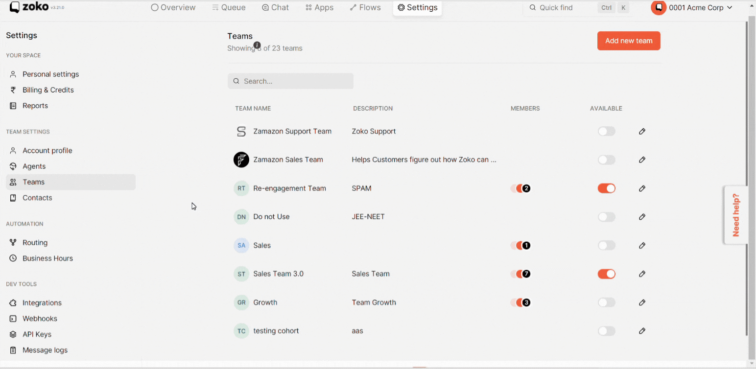 Team lists