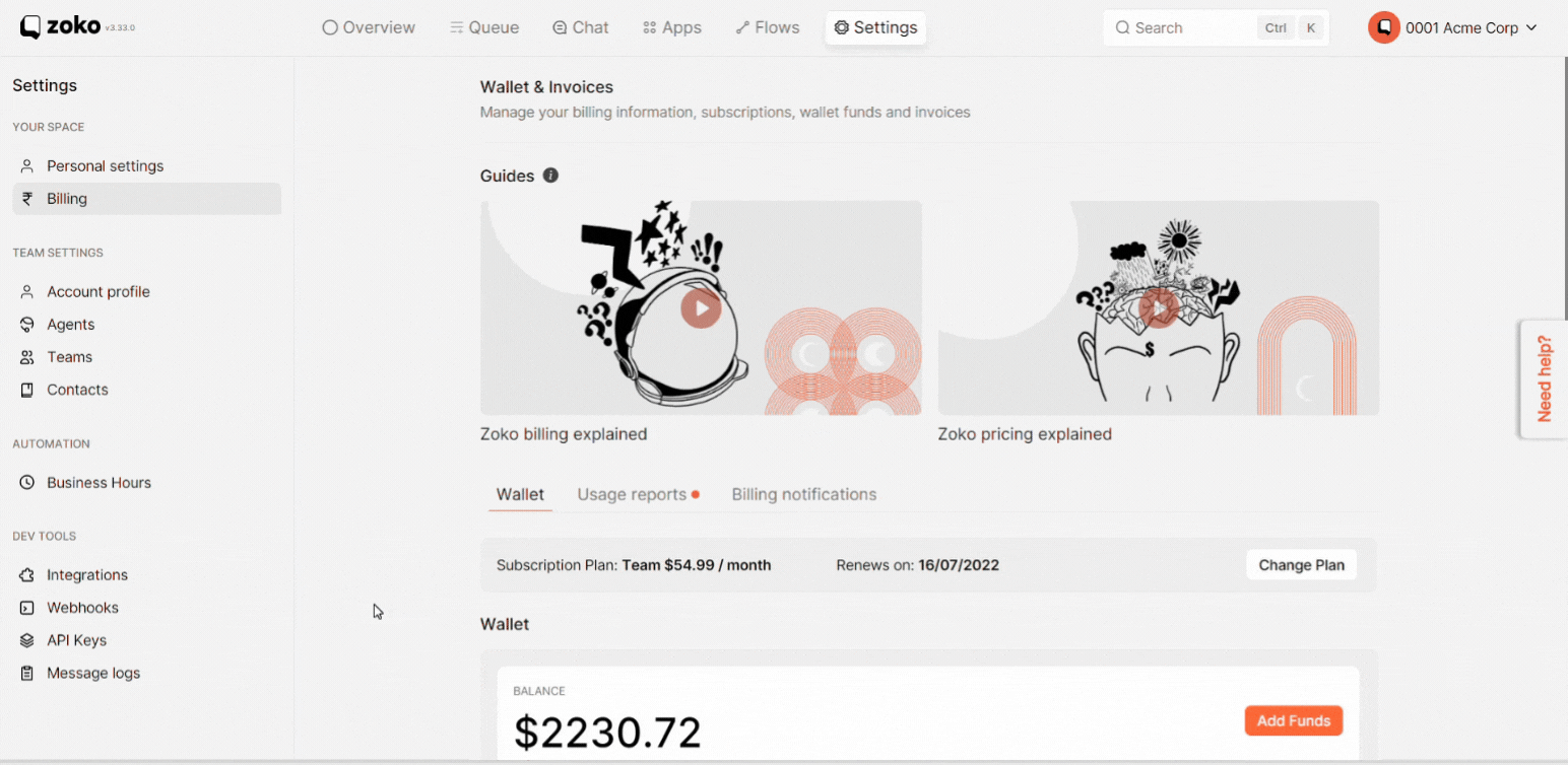 billing notifications tab
