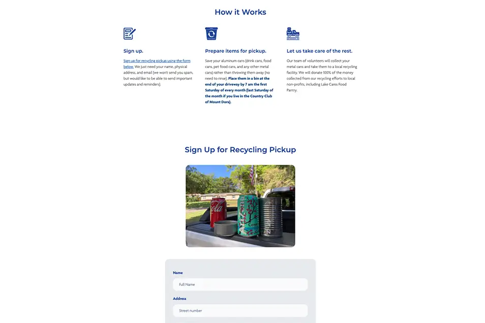 Screenshot showing recycling pickup sign-up form.