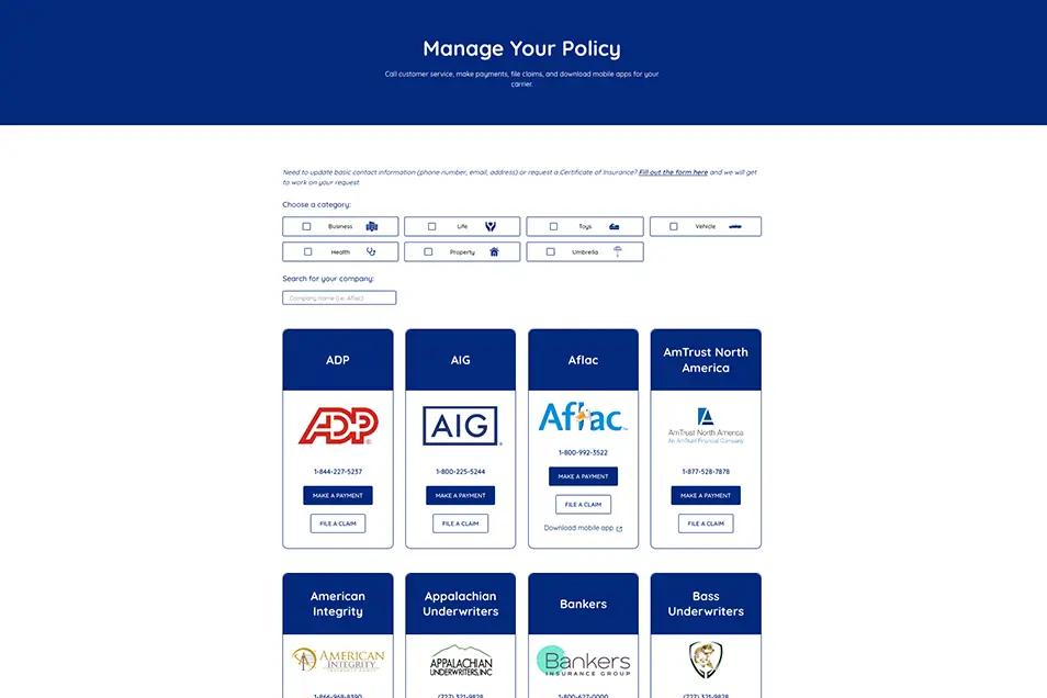 Manage Your Policy page on the Melissa Ems Insurance Agency website allows you to search for your carrier and filter by type of policy.