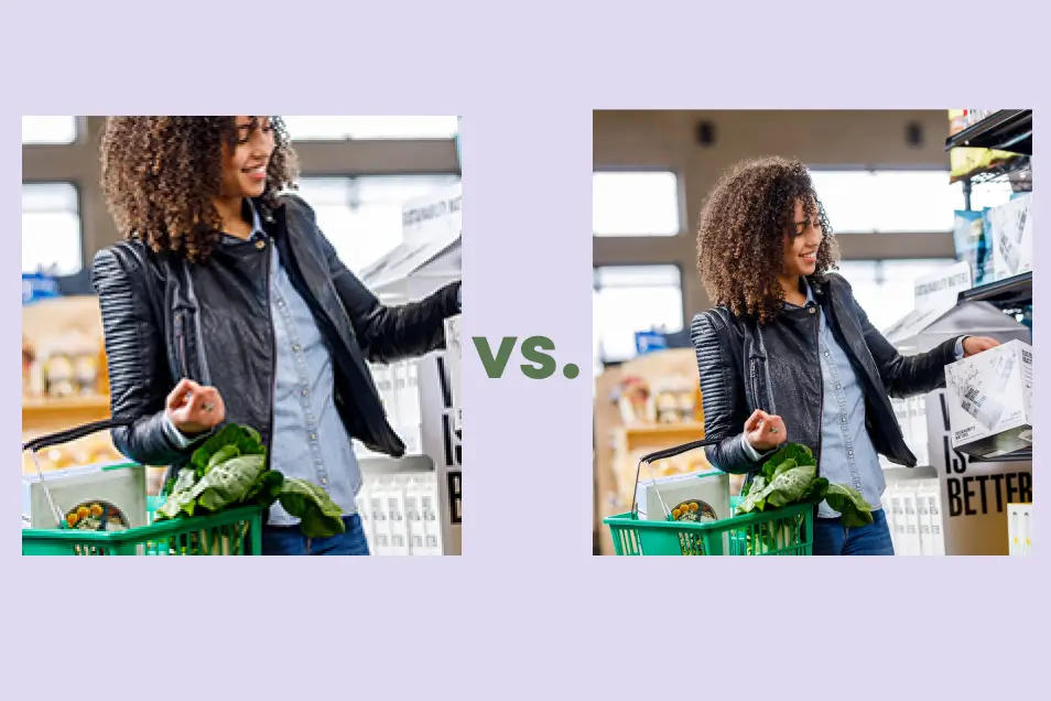 A grainy photo with bad cropping on the left and a clear image cropped well on the right.