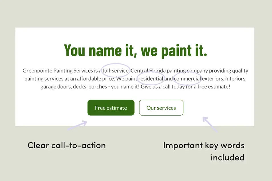 Top section of the a website showing a clear call to action (Free estimate) and important key words in the description of the company (full-service, residential, commercial).