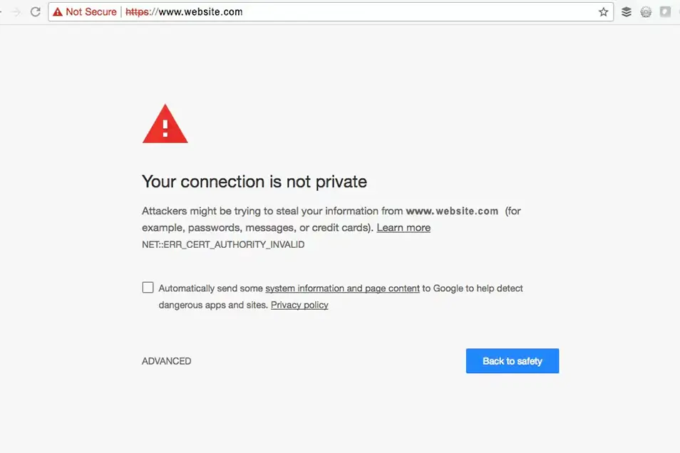 Screenshot of a website without https/SSL encryption that displays the warning "Your connection is not private."