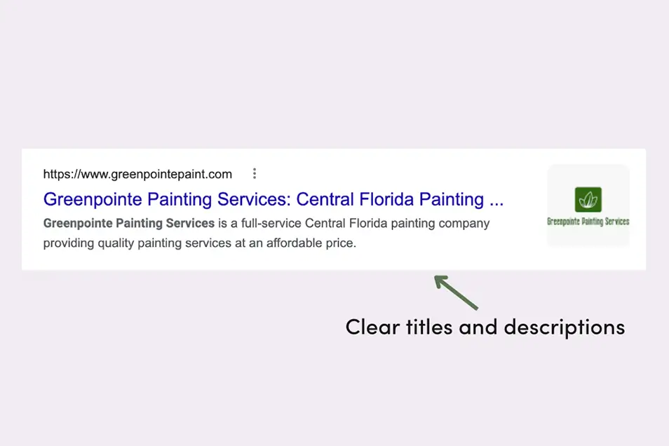 Google search results for Greenpointe Painting Services showing clear titles and descriptions.