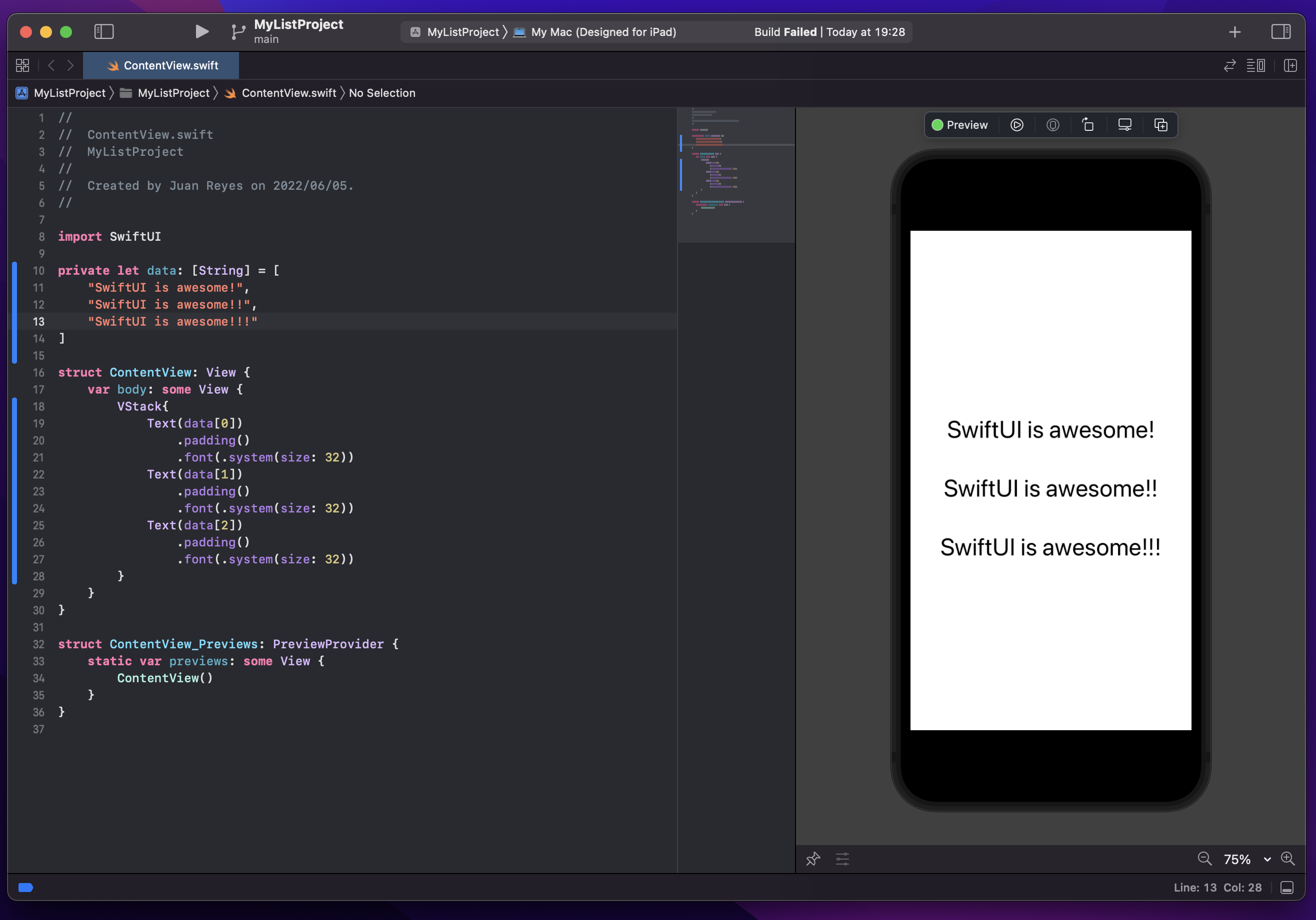 Screenshot of three text views organized vertically.