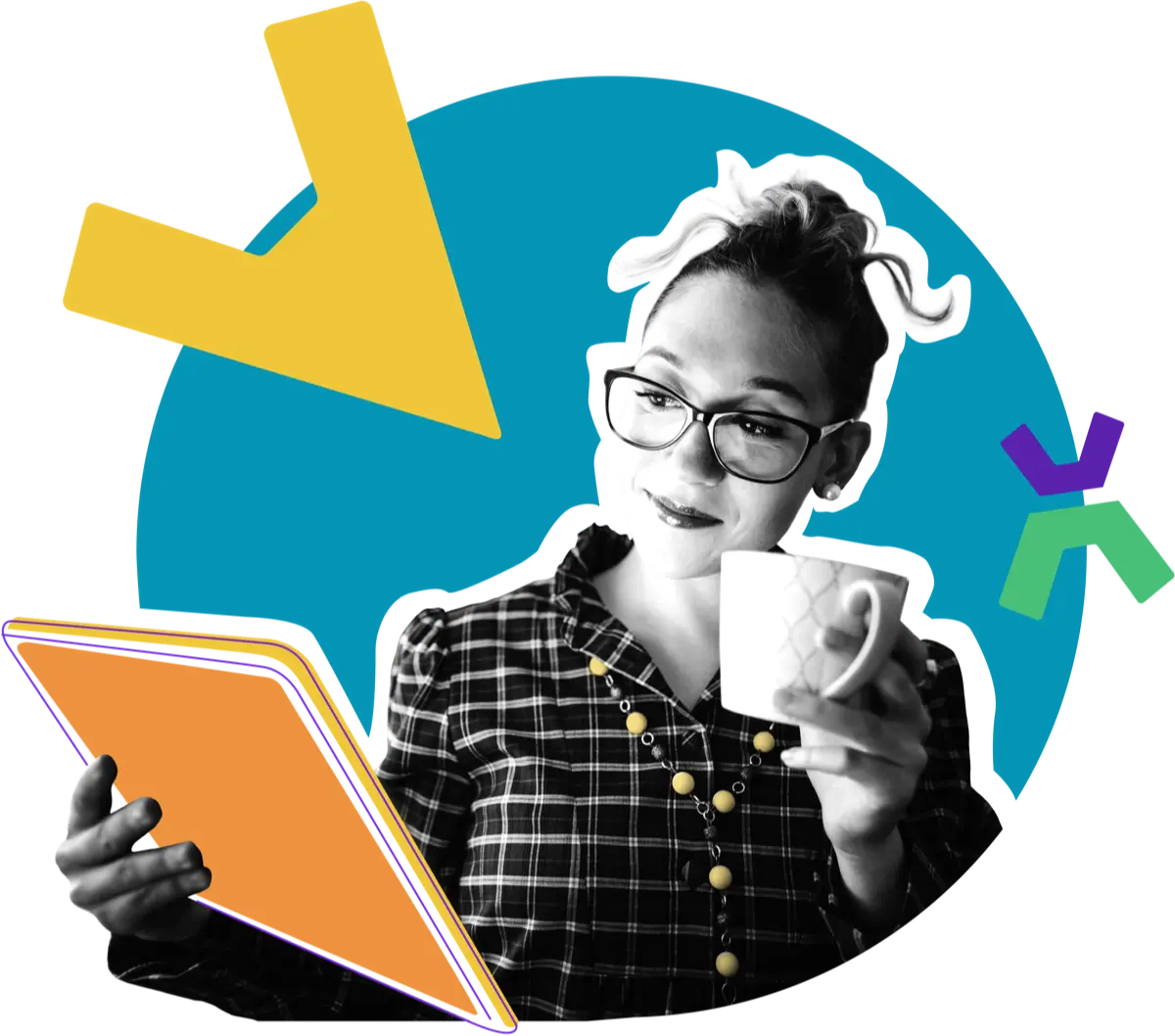 A woman drinking coffee and looking at a tablet computer. The black and white image is overlayed with several colorful illustrated design elements.