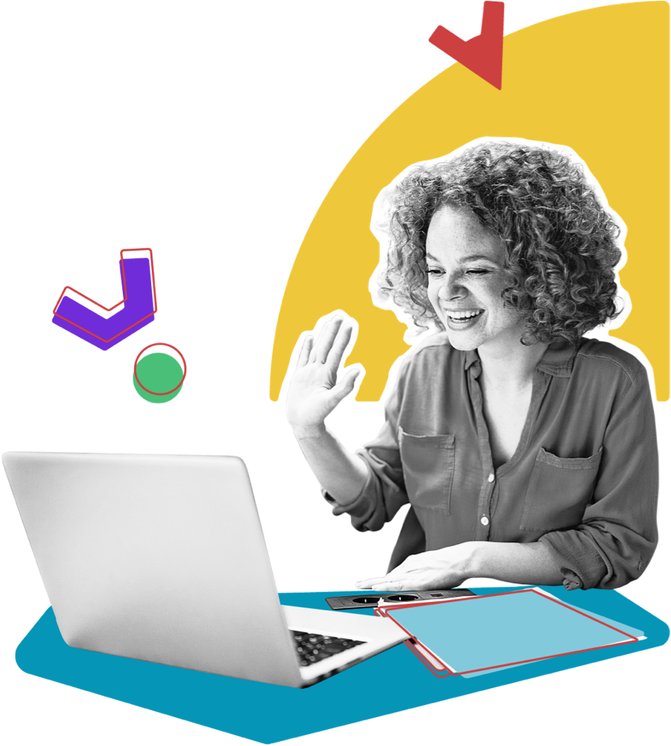 A woman waving to her computer on a zoom call. The black and white image is overlayed with multiple colorful illustrated design elements.