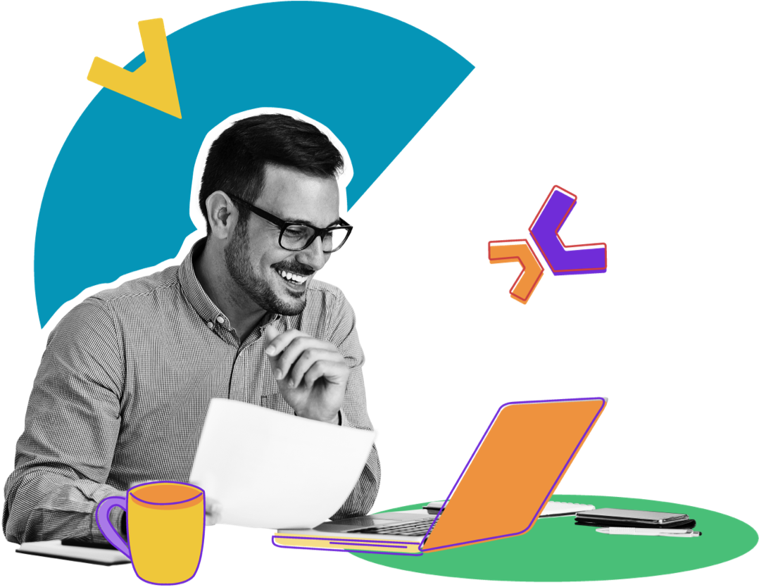 A man looking at his computer and holding a piece of paper. The black and white image is overlayed with multiple colorful illustrated design elements.