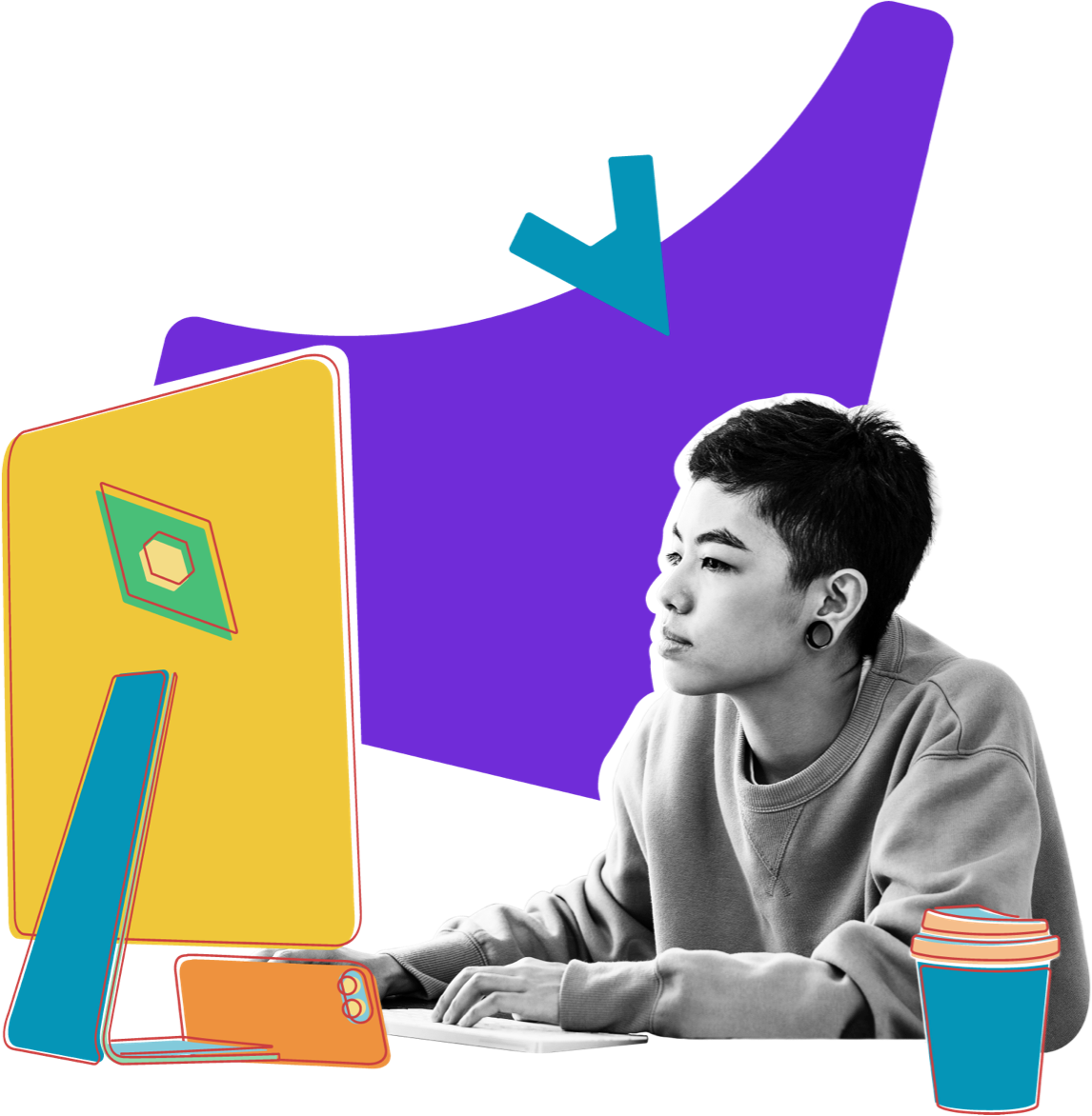 A gender neutral person sitting at a desk with their computer, phone, and a cup of coffee. The black and white image is overlayed with several colorful illustrated design elements.
