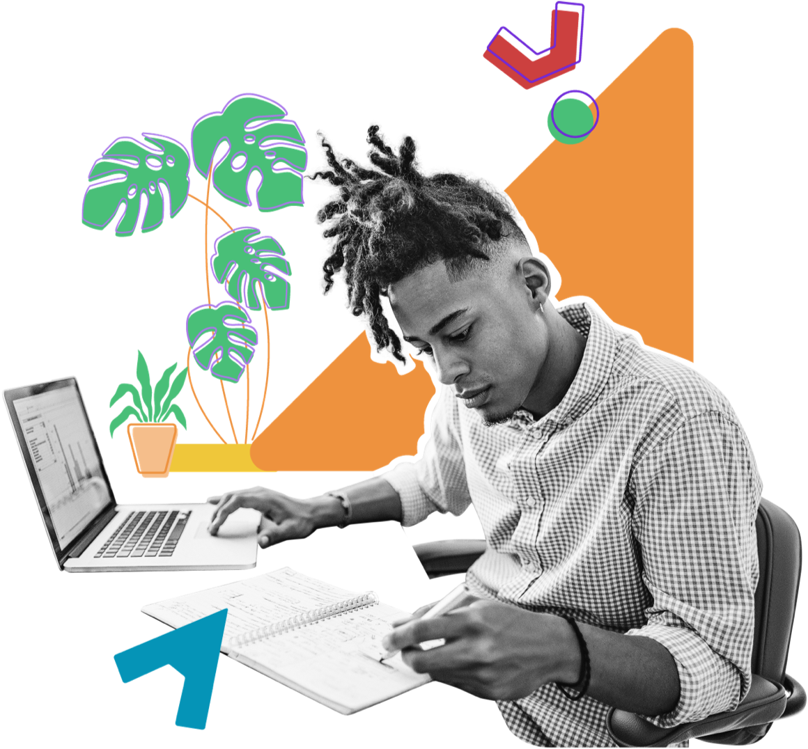 A man sitting at a desk with a computer and looking down a notepad. The black and white image is overlayed with several colorful illustrated design elements.