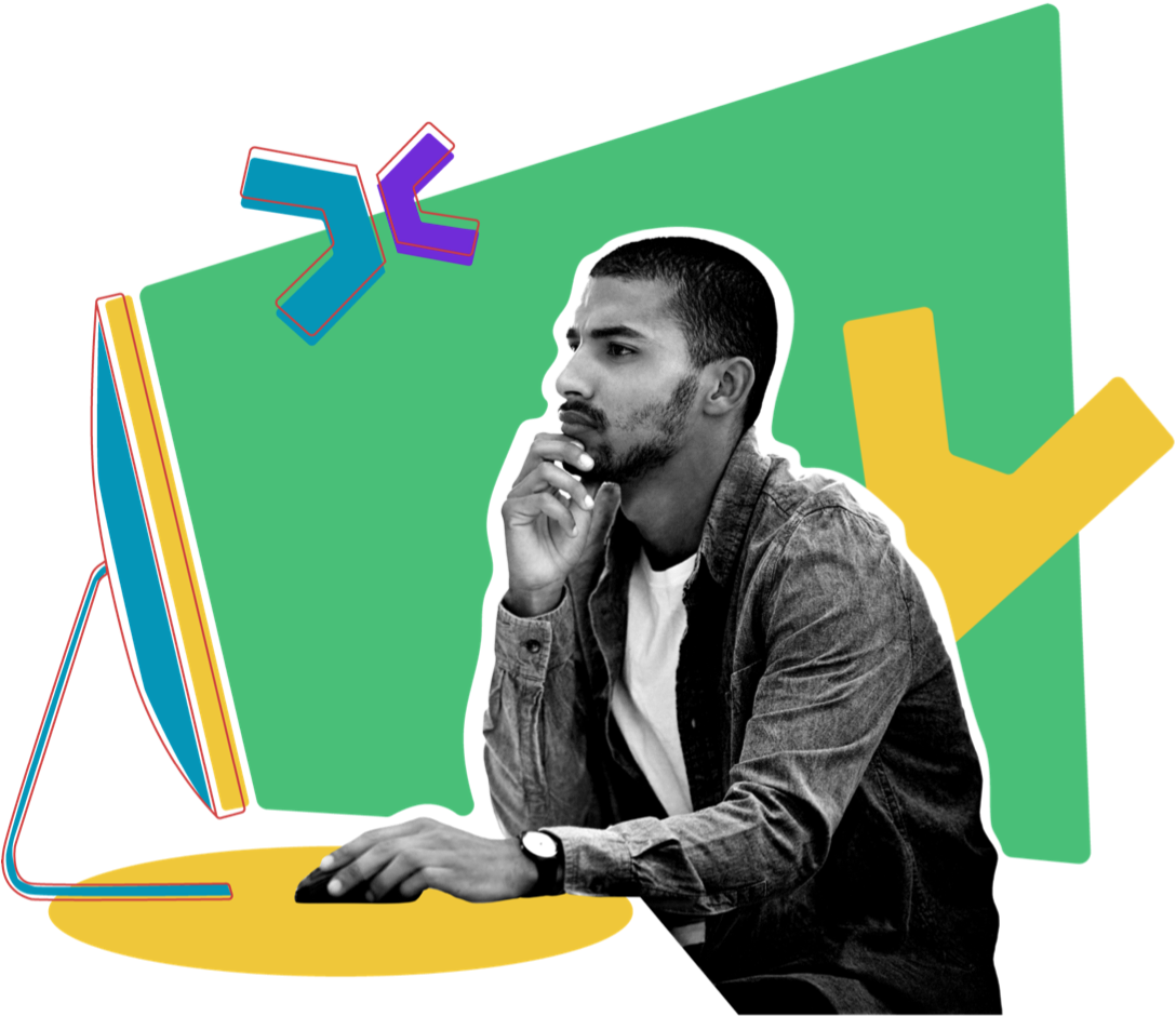 A young professional man at a desk working on a computer. The black and white image is overlayed with several colorful illustrated elements.