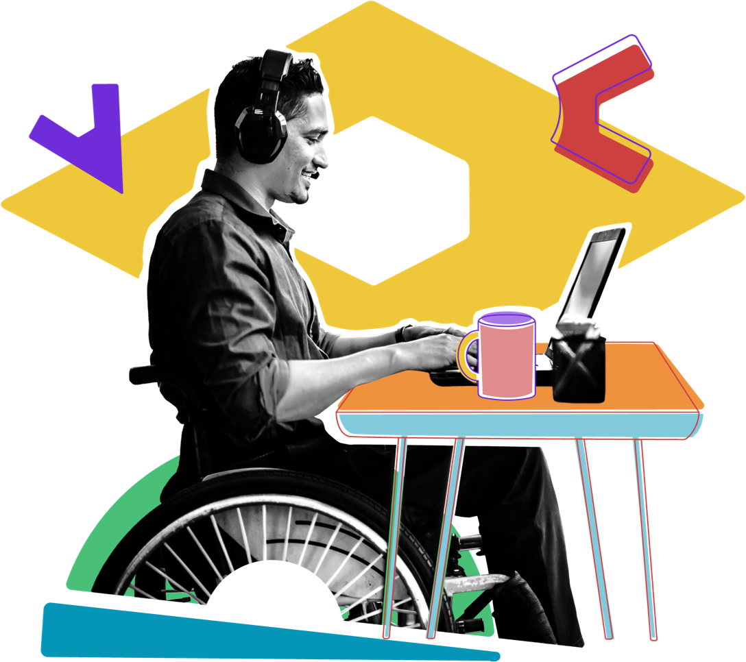 A man in a wheelchair sitting at a desk working on a laptop and wearing headphones. The black and white image is overlayed with several colorful illustrated elements.