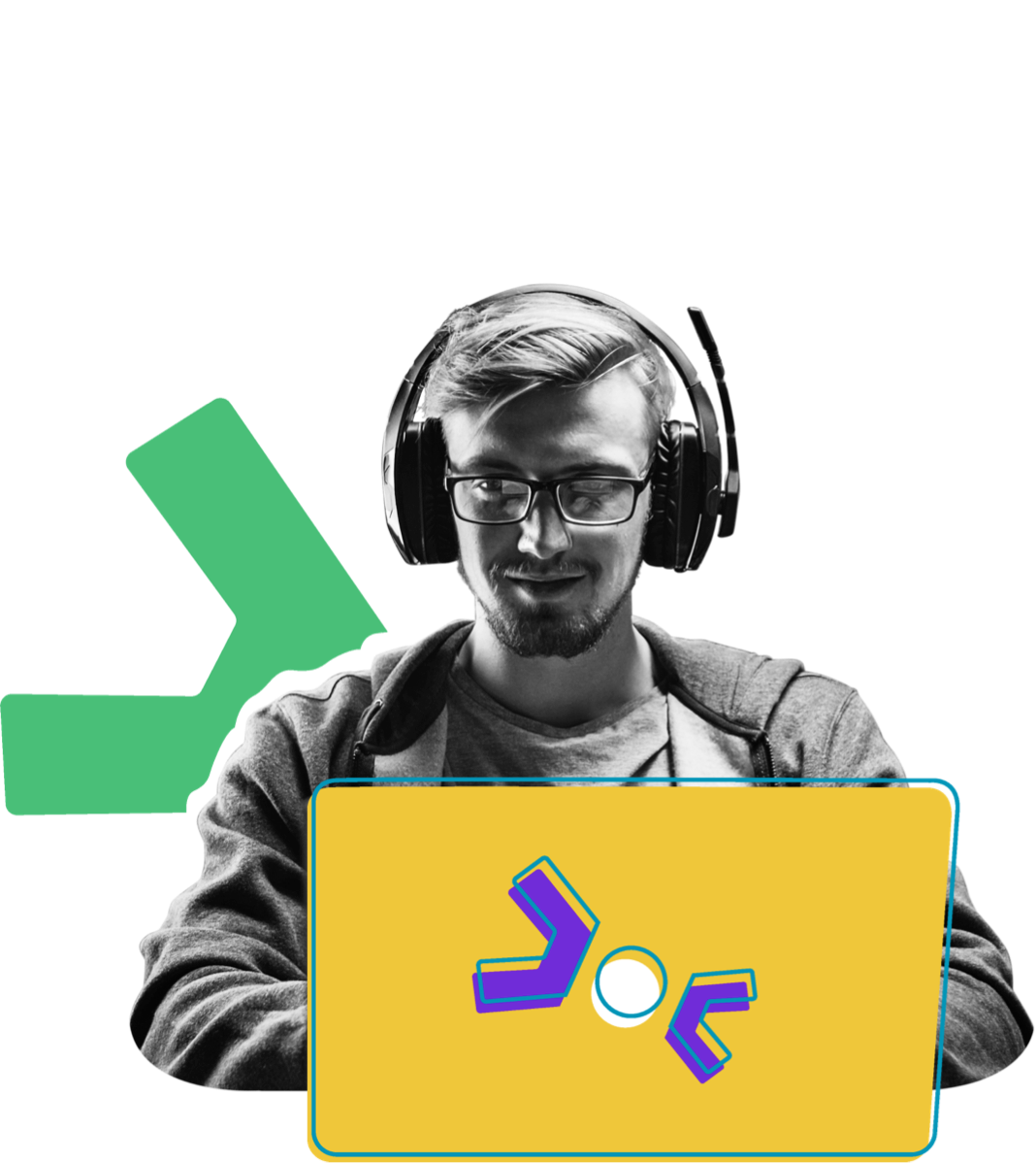 A young computer programmer working on a laptop and wearing a headset. The black and white image is overlayed with several colorful illustrated elements.