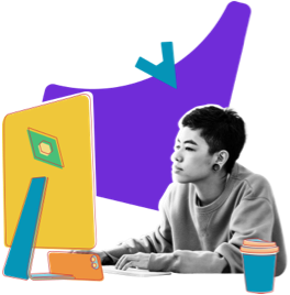 A young professional woman at a desk working on a computer. The black and white image is overlayed with several colorful illustrated elements.
